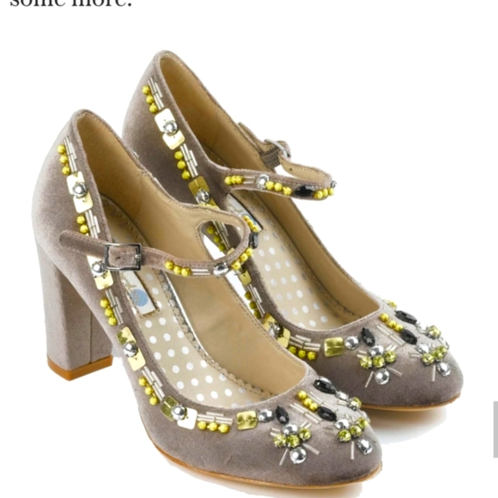 Boden Crushed Velvet Jewel Embellished Mary Jane Party Heels Formal Sz 38